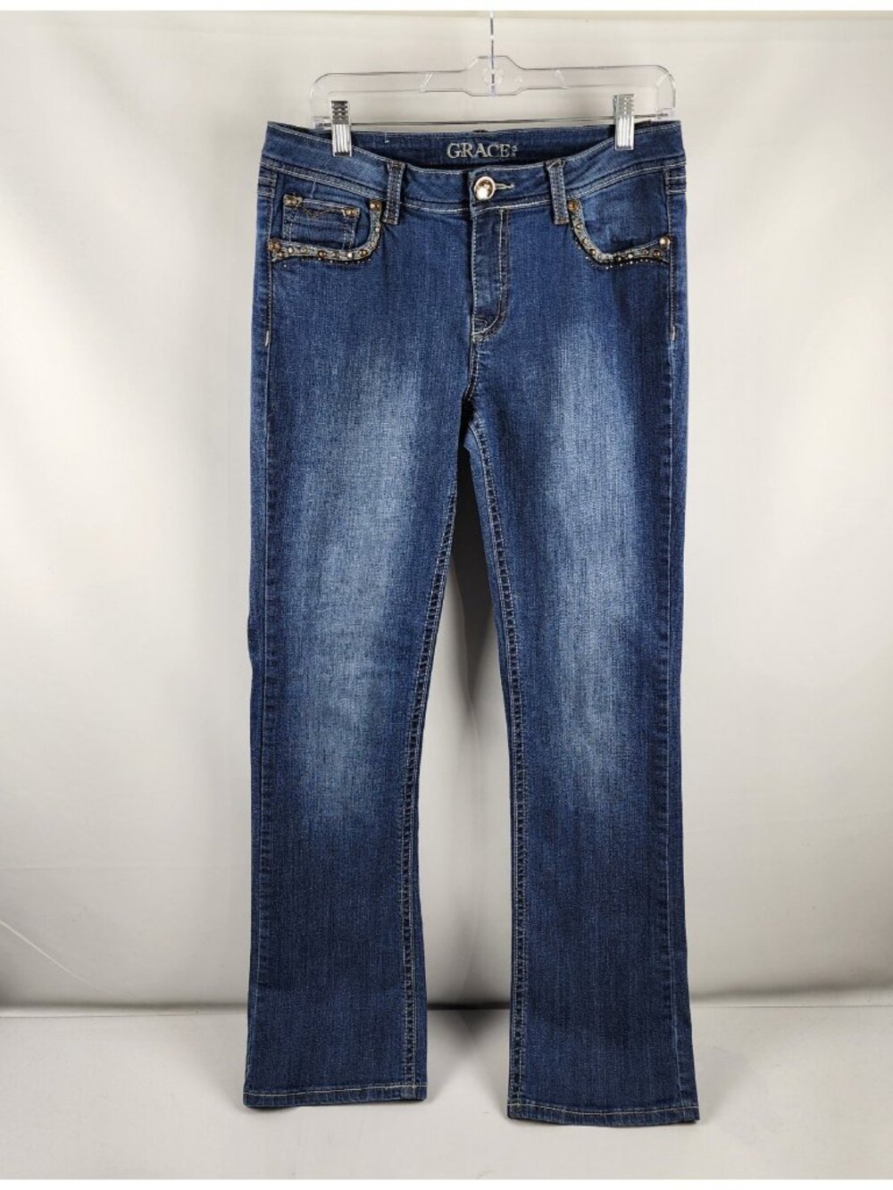Grace in LA Jeans Womens 10 Blue Bling Flap Pockets Denim Straight Leg (32x32)